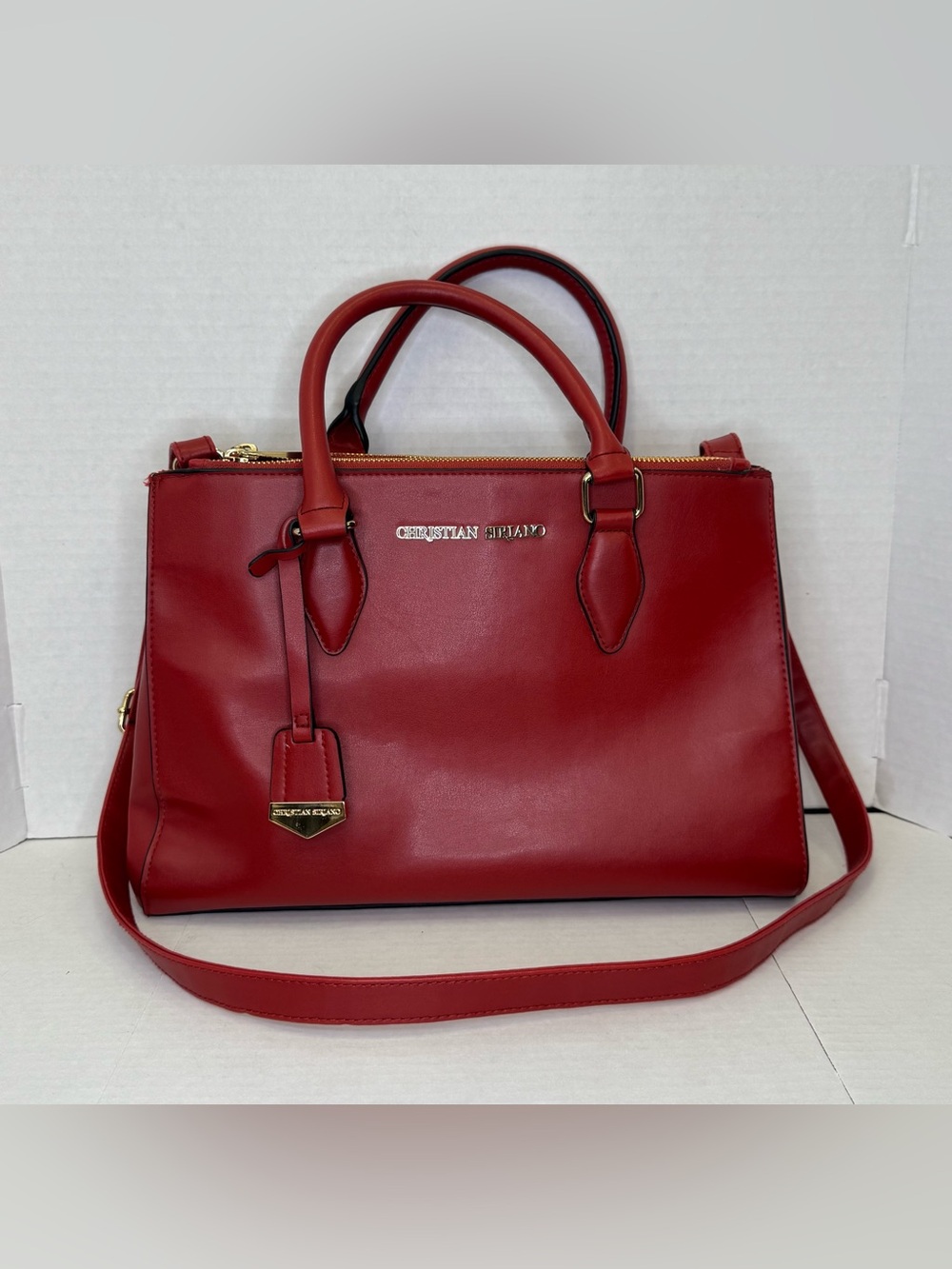 Christian Siriano Red Top-Handle Leather Satchel with Shoulder Strap